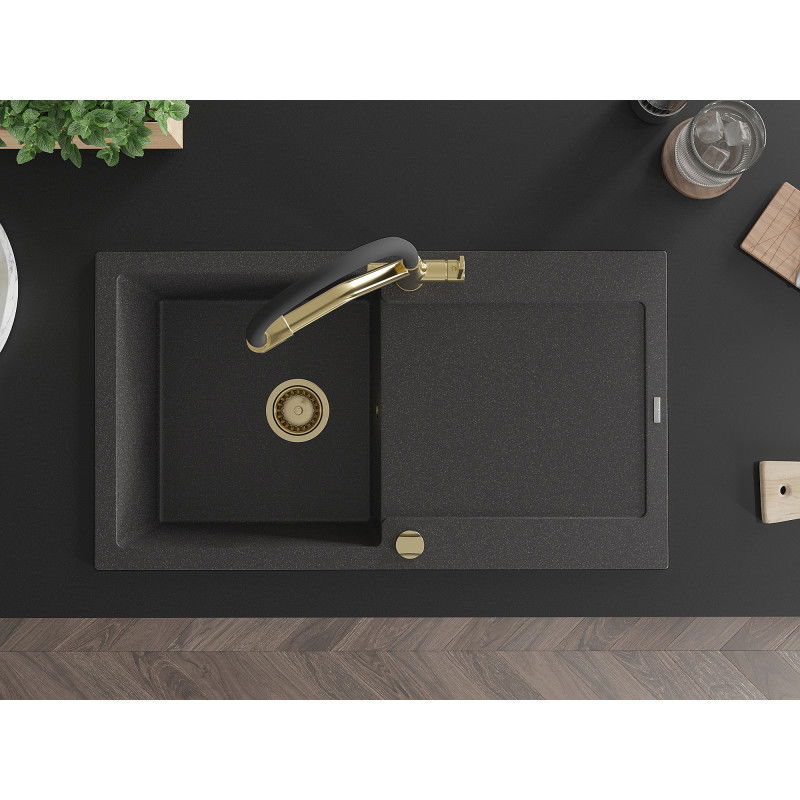 Mexen Leo granito plautuvė su viena kamera, nusausinimo lenta ir Duo virtuvės maišytuvu, juoda taškeliais - 6501-76-671701-57-G