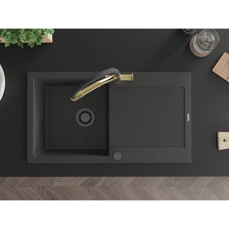 Mexen Leo granito plautuvė su viena kamera, nubėgimo plokštuma ir virtuves kranu Duo, juodas su dėmelėmis