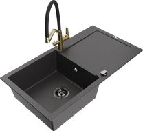 Mexen Leo granito plautuvė su viena kamera, nubėgimo plokštuma ir virtuves kranu Duo, juodas su dėmelėmis