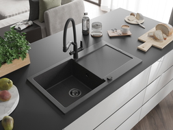 Mexen Leo granitinė vienos kameros kriauklė su nusausinimo lentele ir Duo virtuvės maišytuvu, juodas dėmėtas