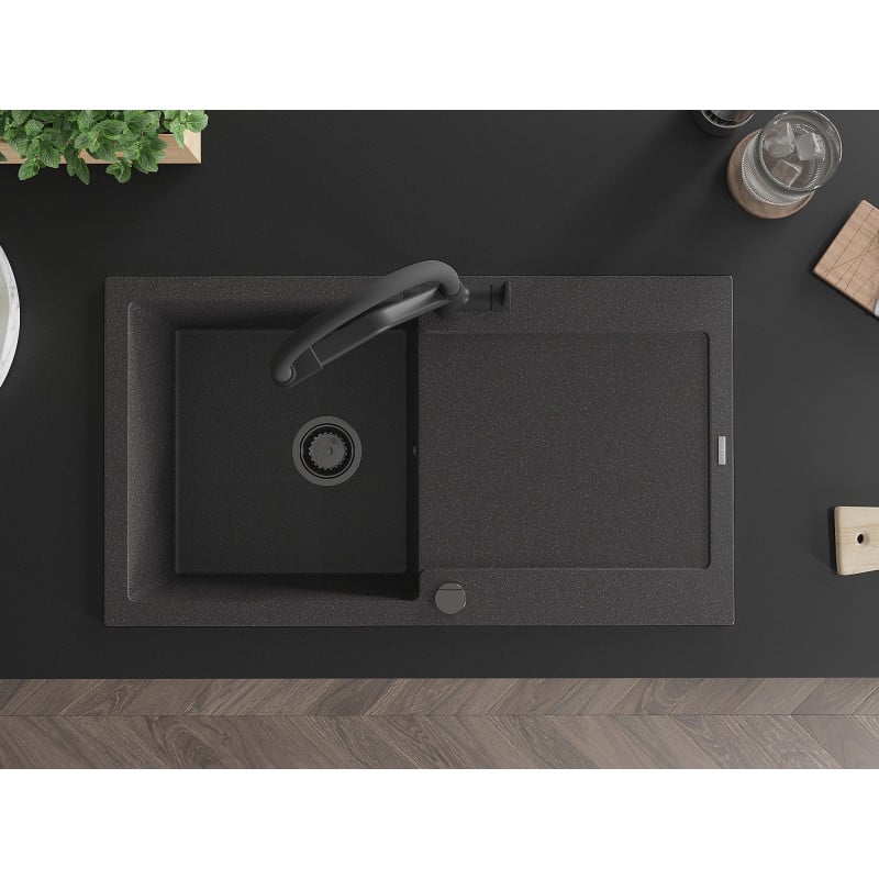 Mexen Leo granitinė vienos kameros kriauklė su nusausinimo lentele ir Duo virtuvės maišytuvu, juodas dėmėtas