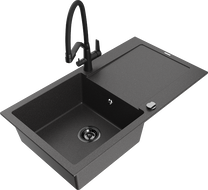 Mexen Leo granitinė vienos kameros kriauklė su nusausinimo lentele ir Duo virtuvės maišytuvu, juodas dėmėtas