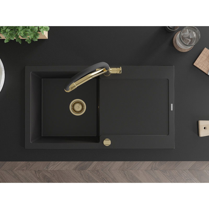 Mexen Leo vienos kameros granito kriauklė su nutekamuoju padėklu ir virtuviniu maišytuvu Duo, juodas - 6501-77-671701-57-G