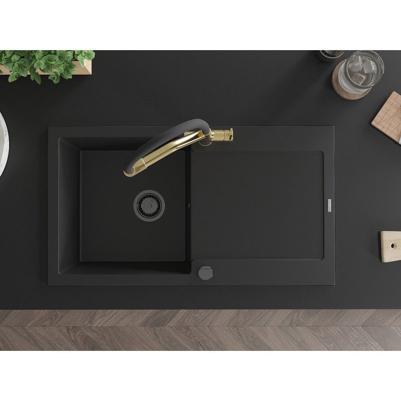 Mexen Leo granito plautuvė viena sekcija su nusausinimo paviršiumi ir virtuvės maišytuvu Duo, juodas - 6501-77-671701-57-B