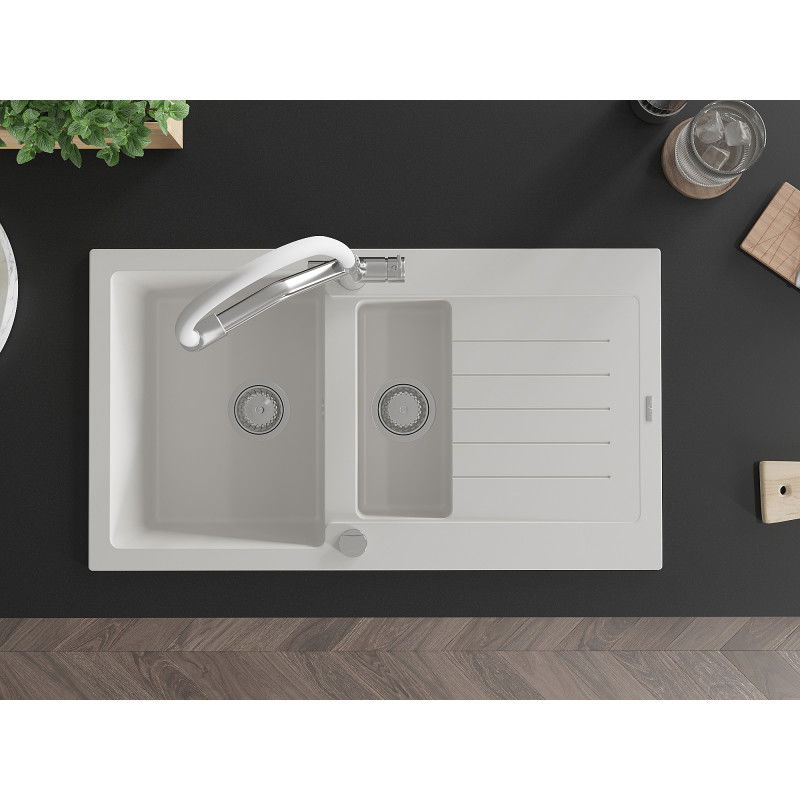 Mexen Matias granito kriauklė 1,5-skylių su nutekėjimu ir Duo virtuvės maišytuvu, balta - 6502-20-671701-02