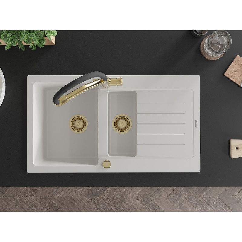 Mexen Matias granito plautuvė su 1,5 kamera, stalviršiu ir virtuviniu maišytuvu Duo, baltas - 6502-20-671701-57-G