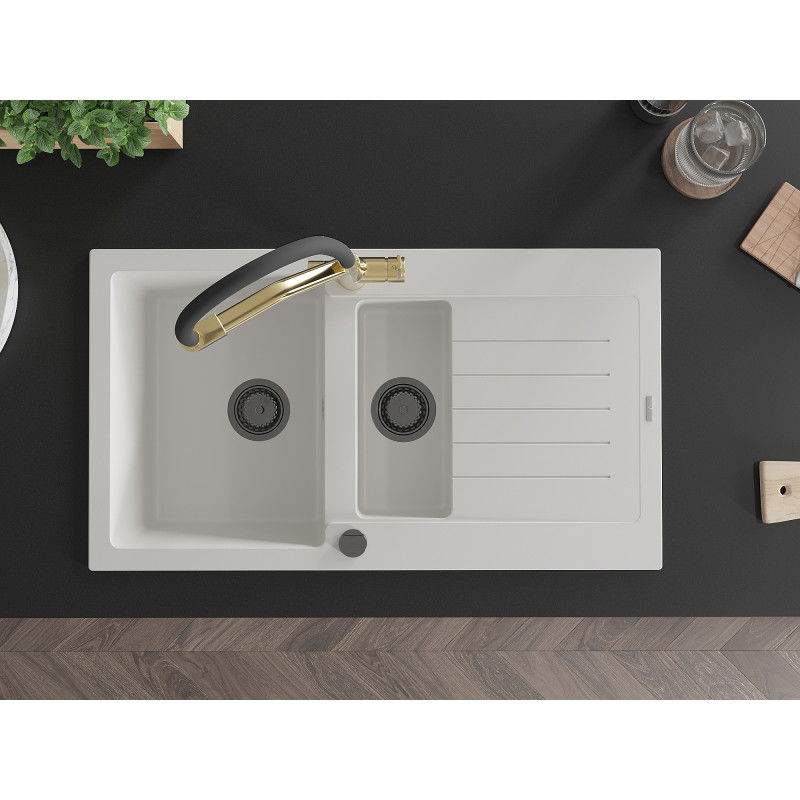 Mexen Matias granitinė kriauklė 1,5 kamerų su nutekėjimu ir virtuvės maišytuvu Duo, balta - 6502-20-671701-57-B