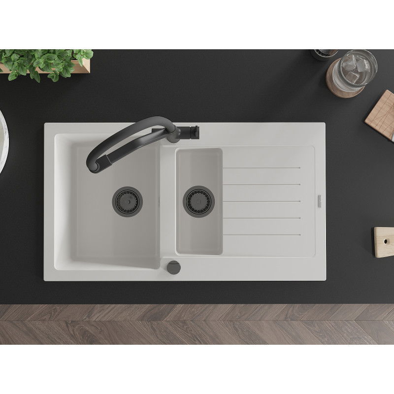 Mexen Matias 1,5 kamerų granito virtuvės kriauklė su nusausintuvu ir maišytuvu Duo, balta - 6502-20-671701-70-B