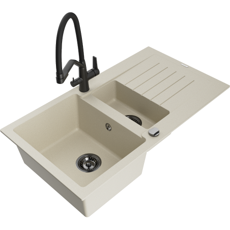 Mexen Matias 1,5 skyrių granitinė plautuvė su nutekamu ir Duo virtuviniu maišytuvu, smėlio spalvos - 6502-69-671701-70-B