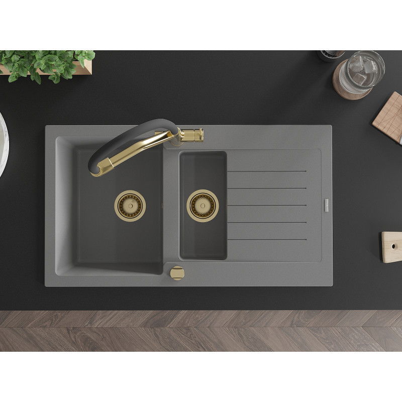 Mexen Matias granito virtuvės kriauklė 1,5 kamerų su drenažu ir maišytuvu Duo, pilka - 6502-71-671701-57-G