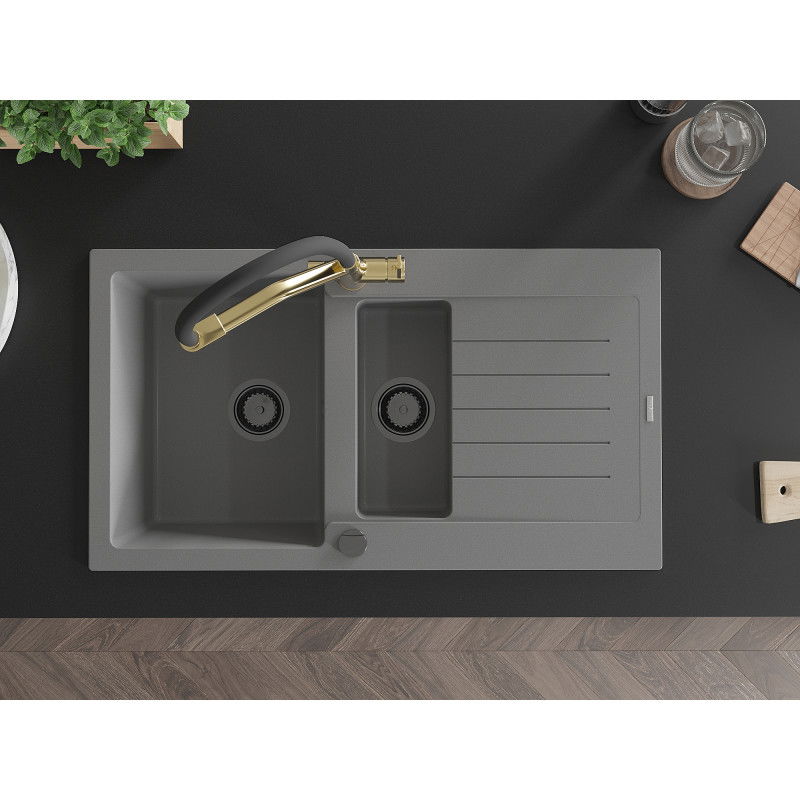 Mexen Matias granito kriauklė 1,5 dubens su nutekamu ir virtuviniu maišytuvu Duo, pilka - 6502-71-671701-57-B