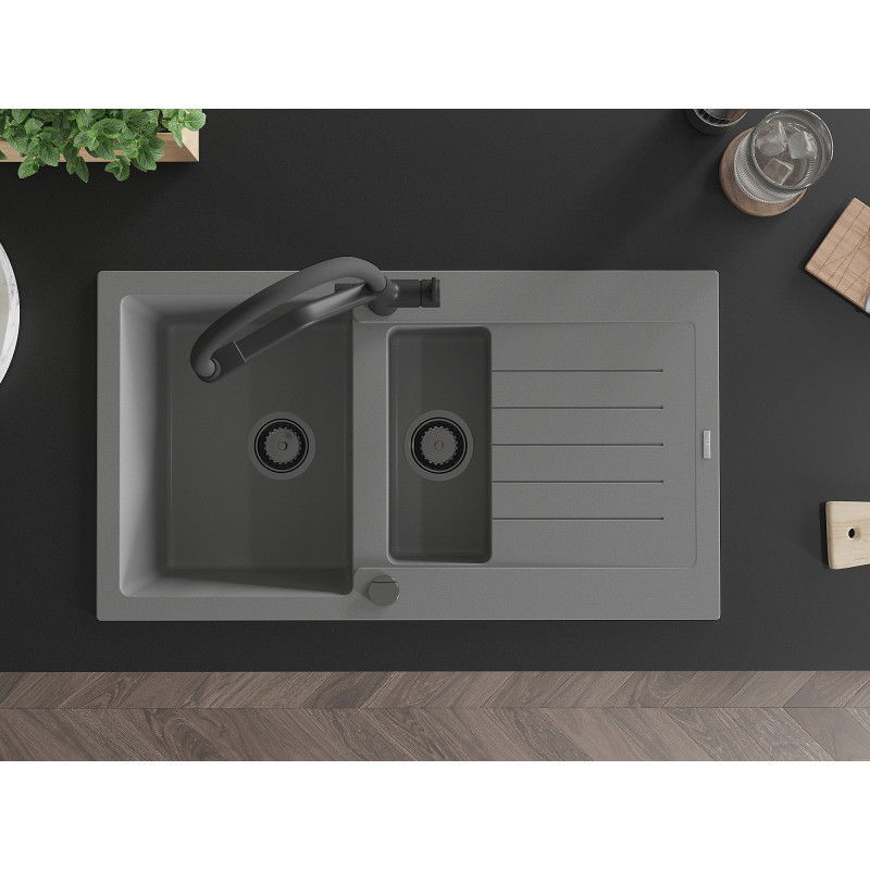 Mexen Matias granito plautuvė 1,5 kameros su lašintuvu ir Duo virtuviniu maišytuvu, pilka - 6502-71-671701-70-B