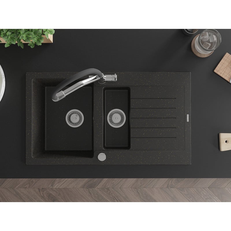Mexen Matias granitinė 1,5 skylių plautuvė su nusausintuvu ir virtuviniu maišytuvu Duo, juoda/auksinė metalo spalva