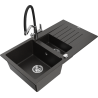 Mexen Matias granitinė 1,5 skylių plautuvė su nusausintuvu ir virtuviniu maišytuvu Duo, juoda/auksinė metalo spalva
