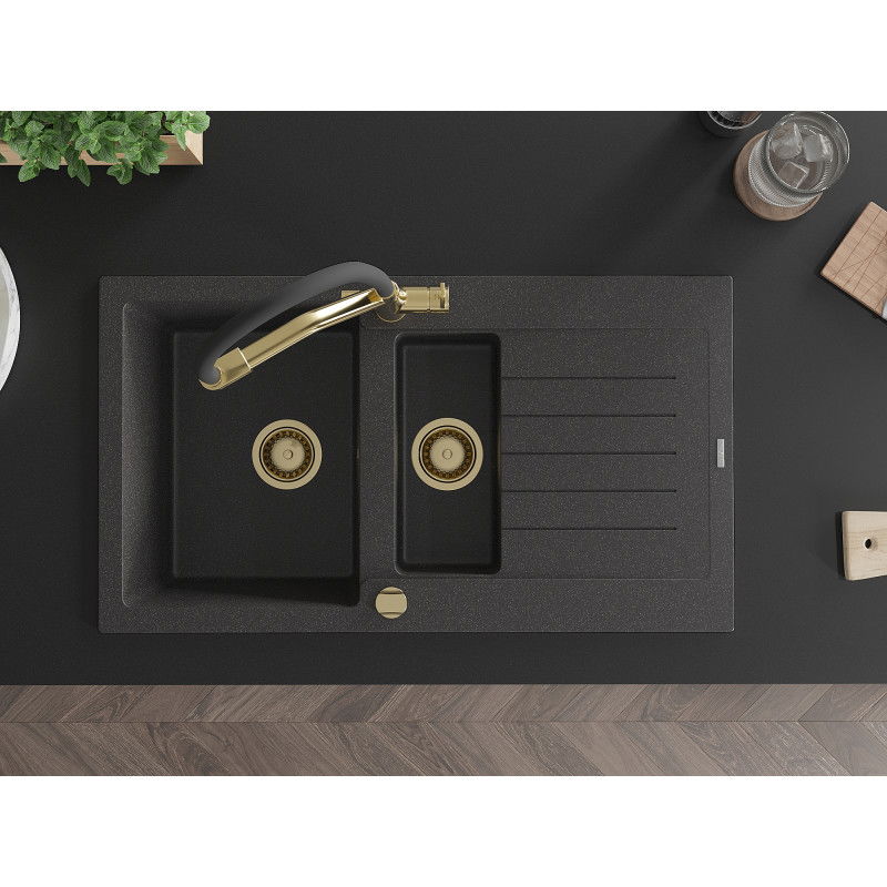 Mexen Matias granito kriauklė su 1,5 skyriaus padėklu ir Duo virtuviniu maišytuvu, juodas su taškeliais - 6502-76-671701-57-G