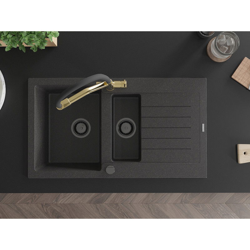 Mexen Matias granitas 1,5 skylių plautuvė su lašintuvu ir virtuvės maišytuvu Duo, juoda dėmėta - 6502-76-671701-57-B