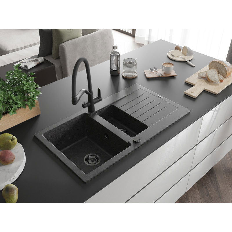 Mexen Matias granitinė 1,5-sekcijų plautuvė su nusausintuvu ir Duo virtuviniu maišytuvu, juoda dėmėta - 6502-76-671701-70-B
