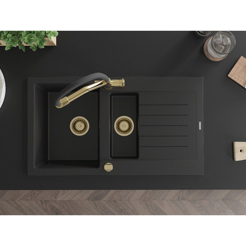 Mexen Matias granito plautuvas 1,5 skyrių su nubėgimo vieta ir virtuviniu maišytuvu Duo, juodas - 6502-77-671701-57-G