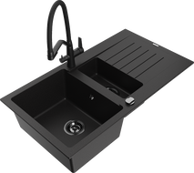 Mexen Matias granitinis 1,5 kamerų plautuvas su nutekamuoju padėklu ir Duo virtuvės maišytuvu, juodas - 6502-77-671701-70-B