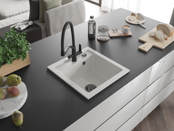 Mexen Vito granitinė vieno dubens kriauklė su Duo virtuviniu maišytuvu, balta - 6503-20-671701-70-B