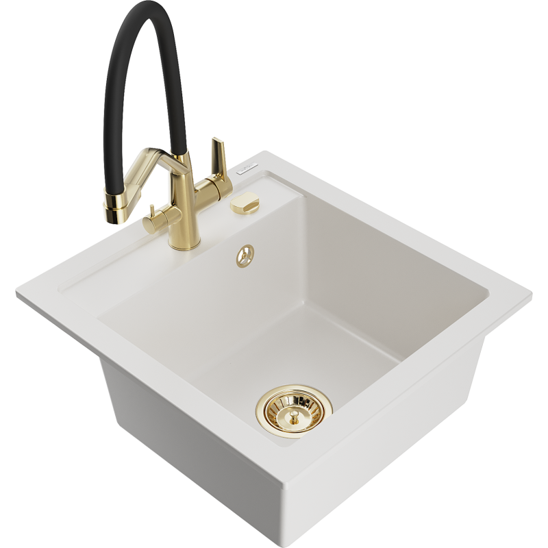 Mexen Vito granitinis virtuvės kriauklė, 1 skyrelio, su Duo virtuvės čiaupu, balta - 6503-20-671701-57-G