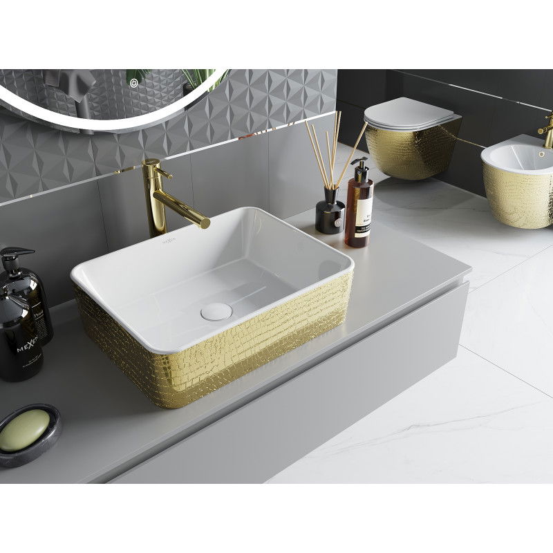 Mexen Catia ant stalviršiaus pastatomas praustuvas 48 x 38 cm, baltas/auksinis žvynų raštas - 21314808