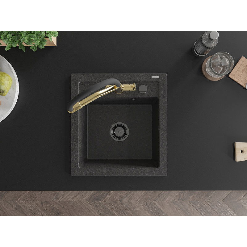 Mexen Vito granitinė plautuvė 1-skyrių su Duo virtuvės maišytuvu, juoda dėmėta - 6503-76-671701-57-B