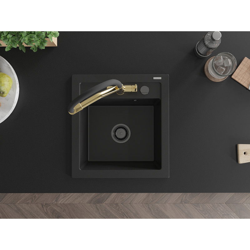 Mexen Vito vienos kameros granitinė plautuvė su virtuviniu maišytuvu Duo, juoda - 6503-77-671701-57-B