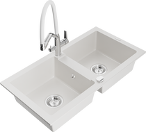 Mexen Mario granitinė dviejų kamerų plautuvė su virtuviniu maišytuvu Duo, balta - 6504-20-671701-02