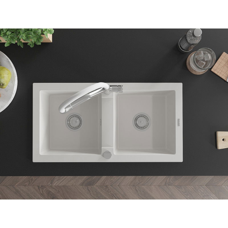 Mexen Mario granitinė dviejų kamerų plautuvė su virtuviniu maišytuvu Duo, balta - 6504-20-671701-02