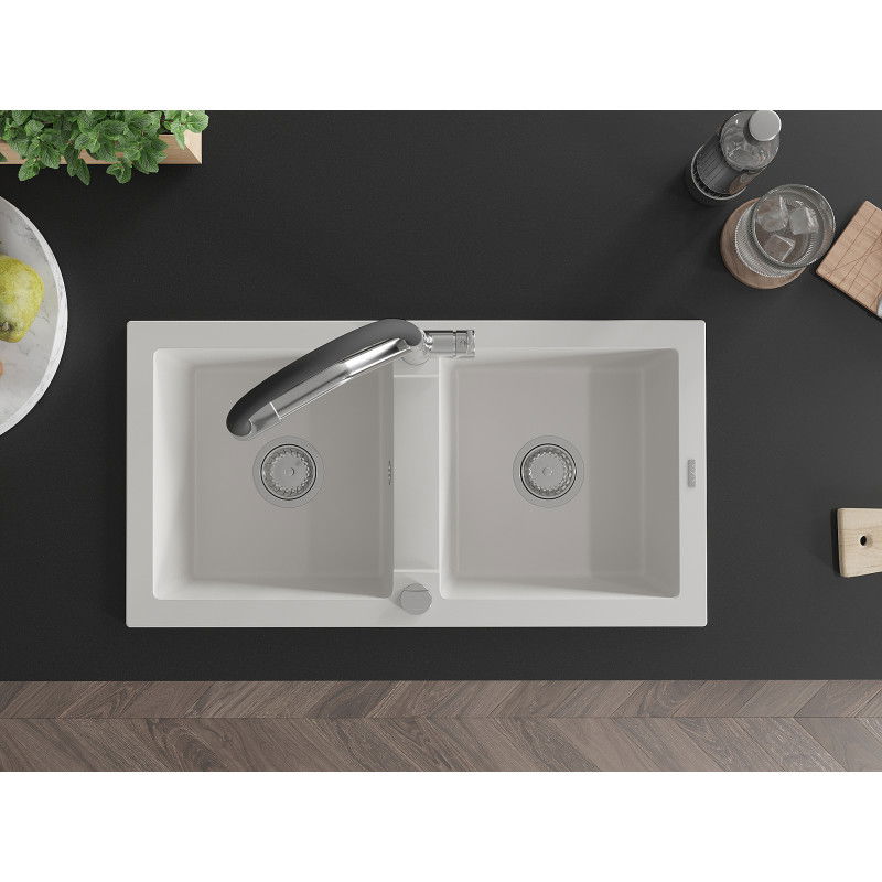 Mexen Mario granitinis dviejų skyrių virtuvės kriauklė su Duo maišytuvu, baltas - 6504-20-671701-07