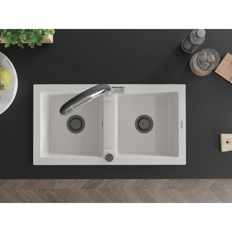 Mexen Mario granito plautuvė su dviem kameromis ir virtuviniu maišytuvu Duo, balta - 6504-20-671701-07-B