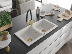 Mexen Mario granitinė dviejų skyrių virtuvės plautuvė su Duo maišytuvu, balta - 6504-20-671701-57-G