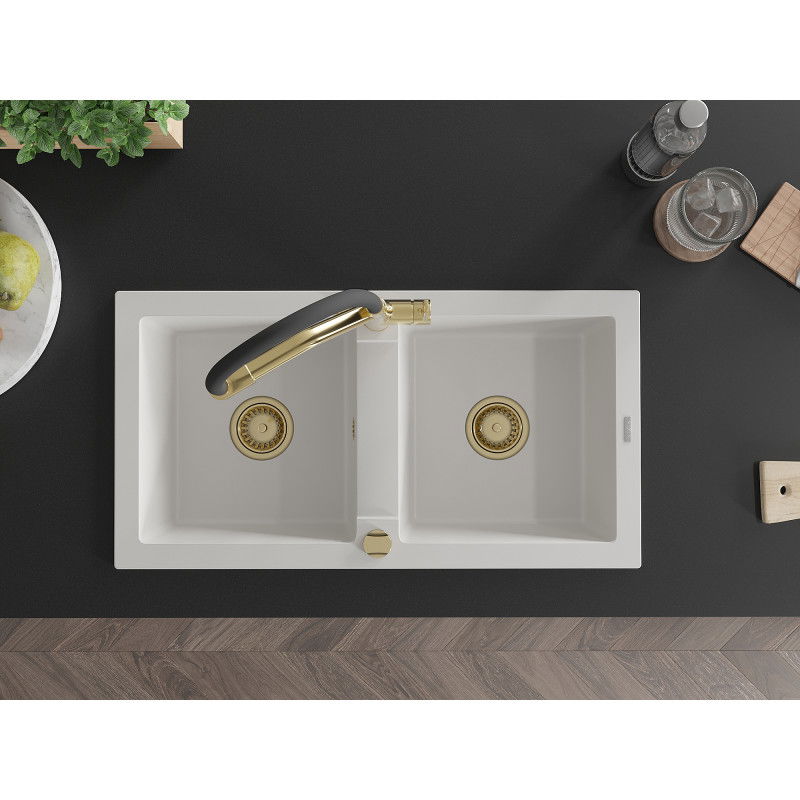 Mexen Mario granitinė dviejų skyrių virtuvės plautuvė su Duo maišytuvu, balta - 6504-20-671701-57-G