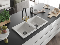 Mexen Mario granitinis dviejų skylių plautuvė su Duo virtuviniu maišytuvu, baltas - 6504-20-671701-57-B