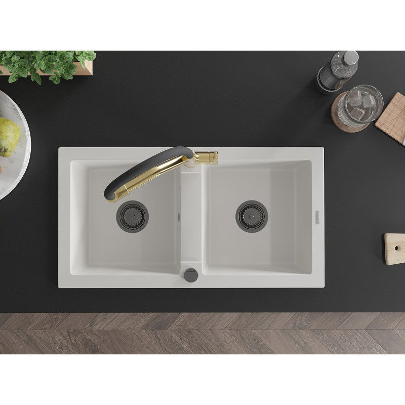 Mexen Mario granitinis dviejų skylių plautuvė su Duo virtuviniu maišytuvu, baltas - 6504-20-671701-57-B