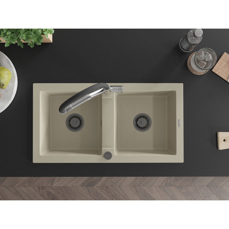 Mexen Mario dviejų skyrių granito virtuvės plautuvė su Duo maišytuvu, smėlio - 6504-69-671701-07-B