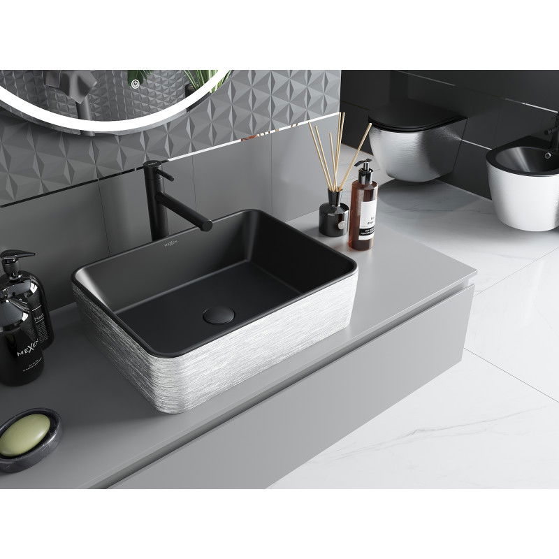 Mexen Catia stalviršio praustuvas 48 x 37 cm, juodas matinis/sidabrinis raštas linijos - 21314873