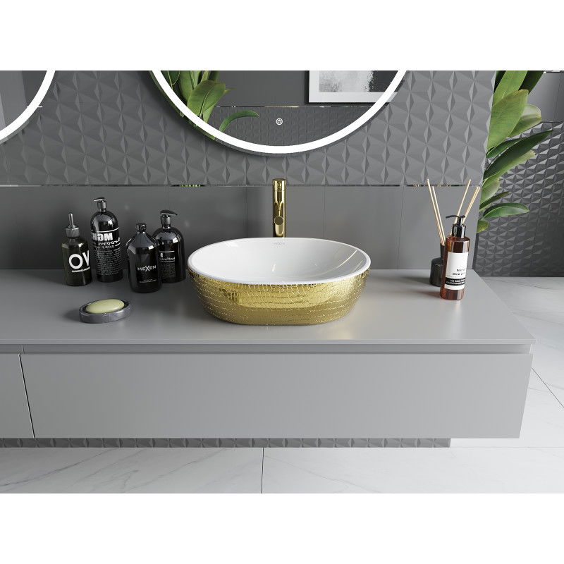 Mexen Viki stalviršinis praustuvas 48 x 35 cm, baltas/auksinis žvynų raštas - 21054808