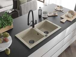 Mexen Mario dviejų kamerų granito virtuvės kriauklė su „Duo“ maišytuvu, smėlio spalvos - 6504-69-671701-70-B