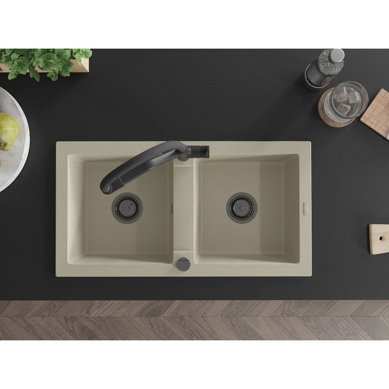 Mexen Mario dviejų kamerų granito virtuvės kriauklė su „Duo“ maišytuvu, smėlio spalvos - 6504-69-671701-70-B