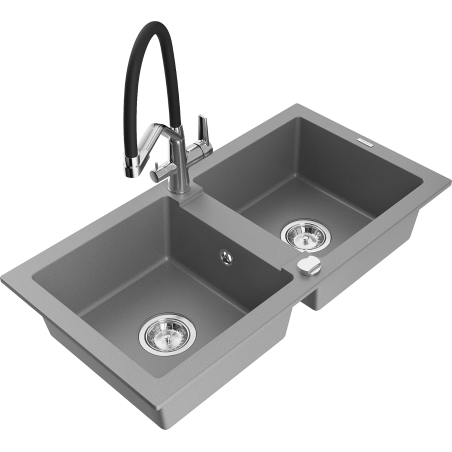 Mexen Mario granitinis dviejų skyrių plautuvas su virtuviniu maišytuvu Duo, pilkas - 6504-71-671701-07