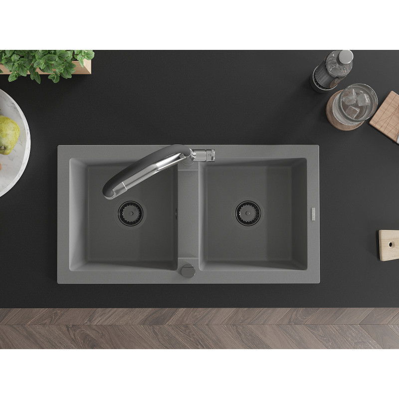 Mexen Mario dviejų kamerų granitinis virtuvės plautuvas su Duo maišytuvu, pilkas - 6504-71-671701-07-B