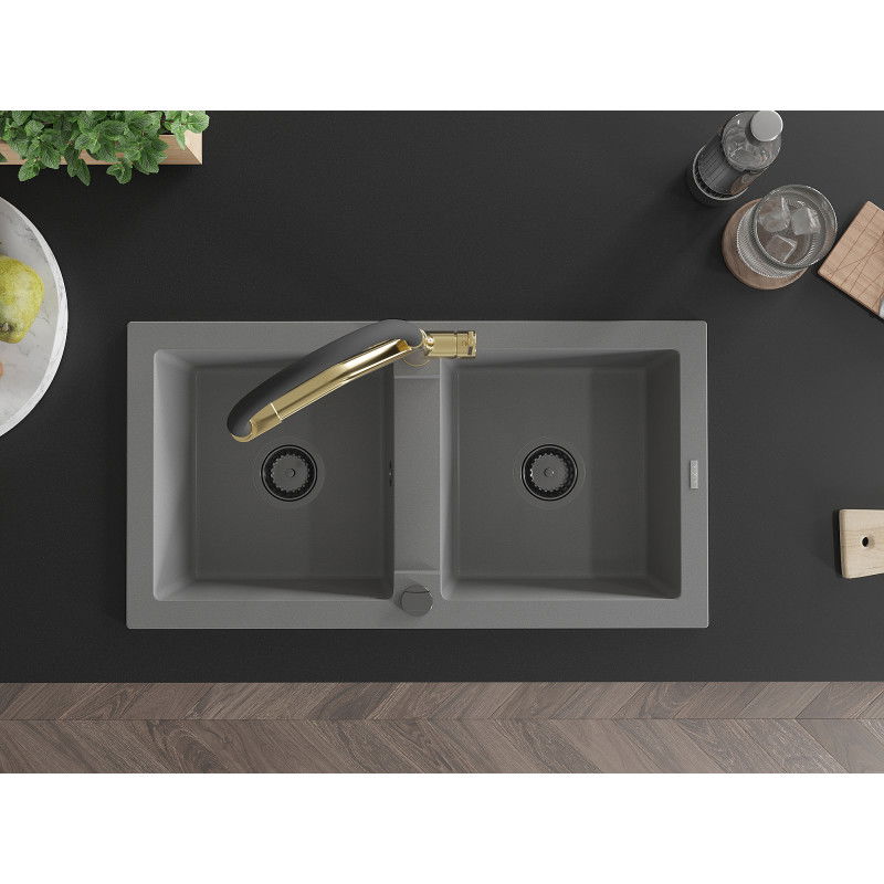Mexen Mario granitinė dviejų kamerų virtuvės kriauklė su Duo maišytuvu, pilka - 6504-71-671701-57-B