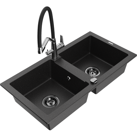 Mexen Mario granitinis dviejų skylių kriauklė su virtuvės maišytuvu Duo, juodas/sidabrinis metalikas - 6504-73-671701-07-B