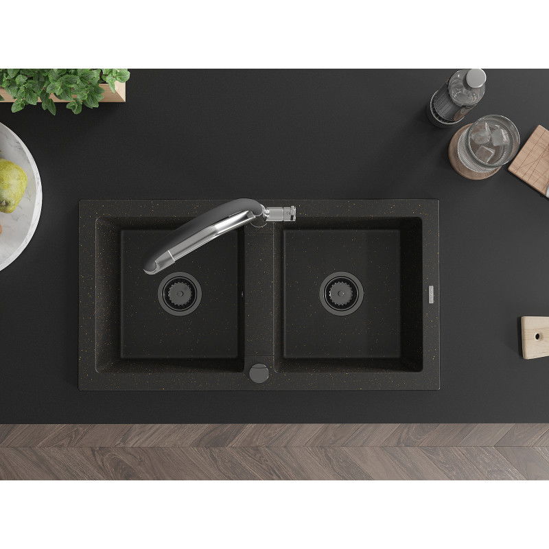 Mexen Mario granito plautuvė 2-jų skyrių su virtuves maišytuvu Duo, juoda/auksinis metalikas - 6504-75-671701-07-B