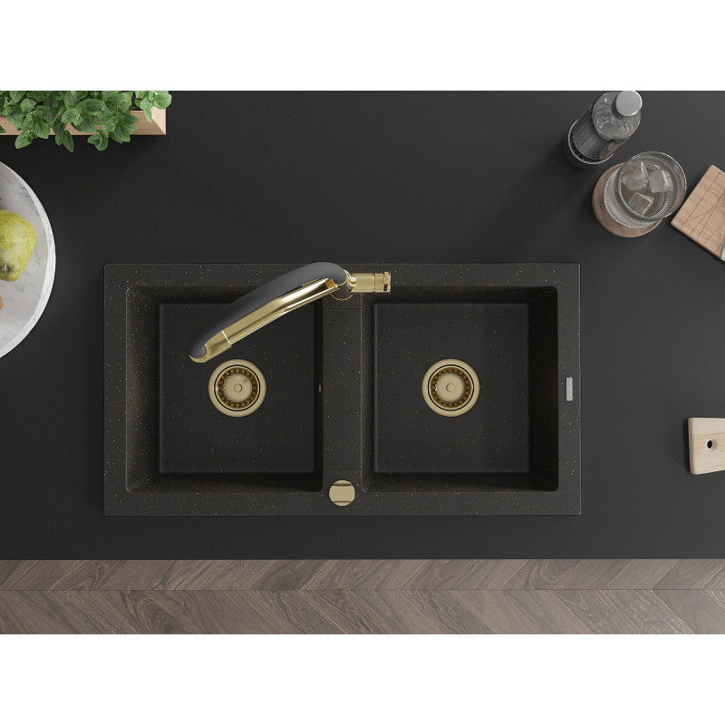 Mexen Mario granito plautuvė su dviejų kamerų maišytuvu Duo, juoda/auksinė metalika - 6504-75-671701-57-G