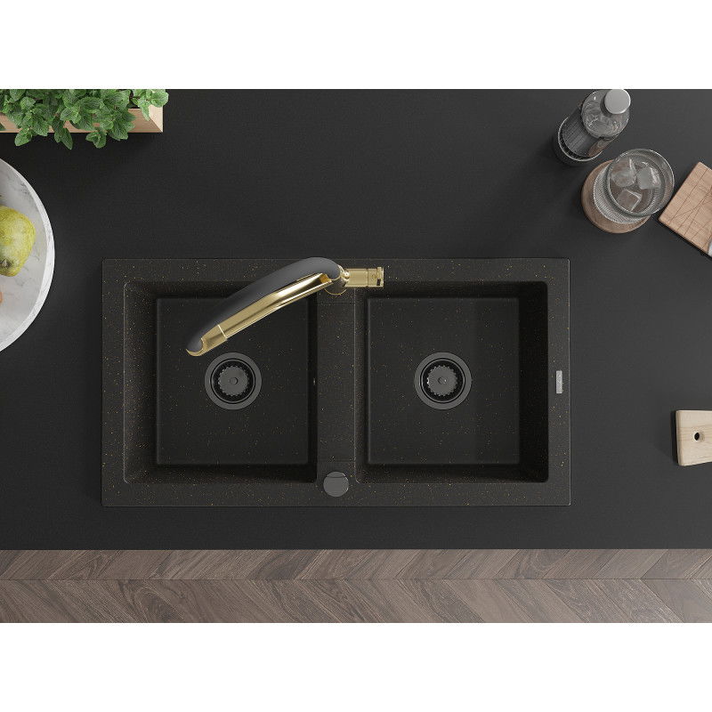 Mexen Mario grindinis dviejų skyrių plautuvas su duo virtuviniu čiaupu, juodas/auksinis metalikas - 6504-75-671701-57-B