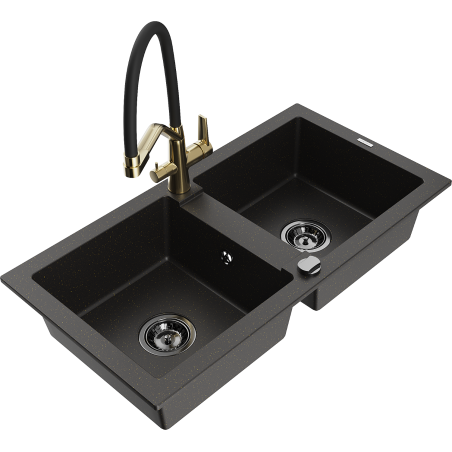 Mexen Mario grindinis dviejų skyrių plautuvas su duo virtuviniu čiaupu, juodas/auksinis metalikas - 6504-75-671701-57-B