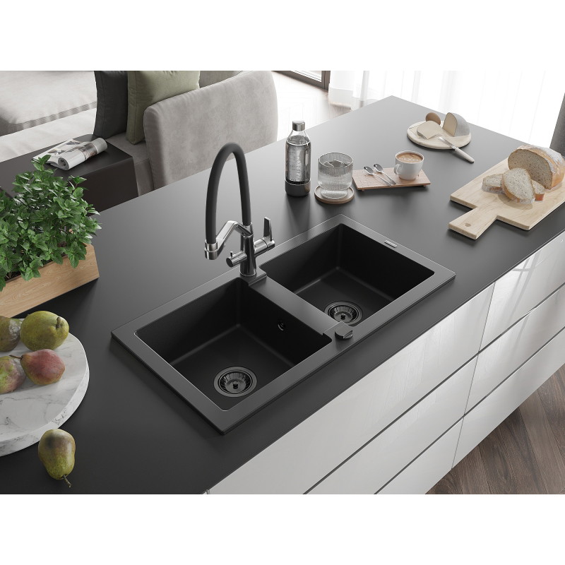 Mexen Mario dviejų skyrių granito plautuvė su virtuvės maišytuvu Duo, juoda - 6504-77-671701-07-B